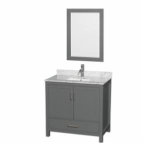 36 inch Single Bathroom Vanity in Dark Gray, White Carrara Marble Countertop, Undermount Square Sink, and 24 inch Mirror - Wyndham WCS141436SKGCMUNSM24