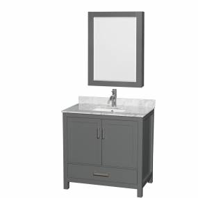 36 inch Single Bathroom Vanity in Dark Gray, White Carrara Marble Countertop, Undermount Square Sink, and Medicine Cabinet - Wyndham WCS141436SKGCMUNSMED