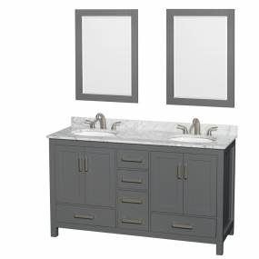 60 inch Double Bathroom Vanity in Dark Gray, White Carrara Marble Countertop, Undermount Oval Sinks, and 24 inch Mirrors - Wyndham WCS141460DKGCMUNOM24