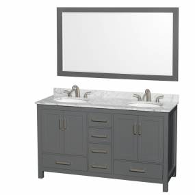 60 inch Double Bathroom Vanity in Dark Gray, White Carrara Marble Countertop, Undermount Oval Sinks, and 58 inch Mirror - Wyndham WCS141460DKGCMUNOM58