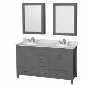 60 inch Double Bathroom Vanity in Dark Gray, White Carrara Marble Countertop, Undermount Oval Sinks, and Medicine Cabinets - Wyndham WCS141460DKGCMUNOMED
