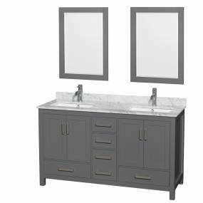 60 inch Double Bathroom Vanity in Dark Gray, White Carrara Marble Countertop, Undermount Square Sinks, and 24 inch Mirrors - Wyndham WCS141460DKGCMUNSM24