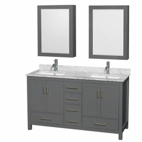 60 inch Double Bathroom Vanity in Dark Gray, White Carrara Marble Countertop, Undermount Square Sinks, and Medicine Cabinets - Wyndham WCS141460DKGCMUNSMED