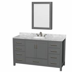 60 inch Single Bathroom Vanity in Dark Gray, White Carrara Marble Countertop, Undermount Oval Sink, and Medicine Cabinet - Wyndham WCS141460SKGCMUNOMED