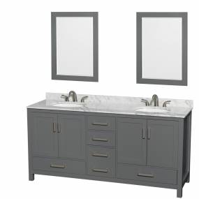 72 inch Double Bathroom Vanity in Dark Gray, White Carrara Marble Countertop, Undermount Oval Sinks, and 24 inch Mirrors - Wyndham WCS141472DKGCMUNOM24