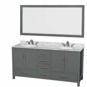 72 inch Double Bathroom Vanity in Dark Gray, White Carrara Marble Countertop, Undermount Oval Sinks, and 70 inch Mirror - Wyndham WCS141472DKGCMUNOM70