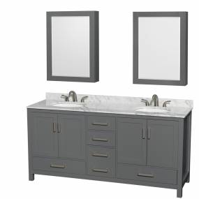 72 inch Double Bathroom Vanity in Dark Gray, White Carrara Marble Countertop, Undermount Oval Sinks, and Medicine Cabinets - Wyndham WCS141472DKGCMUNOMED