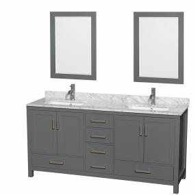 72 inch Double Bathroom Vanity in Dark Gray, White Carrara Marble Countertop, Undermount Square Sinks, and 24 inch Mirrors - Wyndham WCS141472DKGCMUNSM24