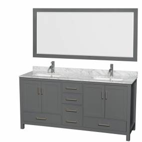 72 inch Double Bathroom Vanity in Dark Gray, White Carrara Marble Countertop, Undermount Square Sinks, and 70 inch Mirror - Wyndham WCS141472DKGCMUNSM70