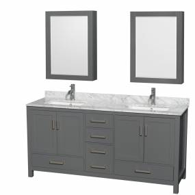 72 inch Double Bathroom Vanity in Dark Gray, White Carrara Marble Countertop, Undermount Square Sinks, and Medicine Cabinets - Wyndham WCS141472DKGCMUNSMED