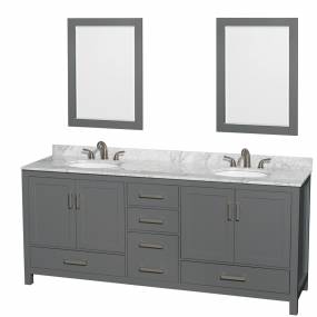 80 inch Double Bathroom Vanity in Dark Gray, White Carrara Marble Countertop, Undermount Oval Sinks, and 24 inch Mirrors - Wyndham WCS141480DKGCMUNOM24