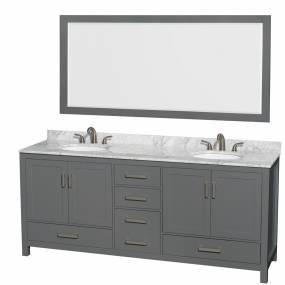 80 inch Double Bathroom Vanity in Dark Gray, White Carrara Marble Countertop, Undermount Oval Sinks, and 70 inch Mirror - Wyndham WCS141480DKGCMUNOM70