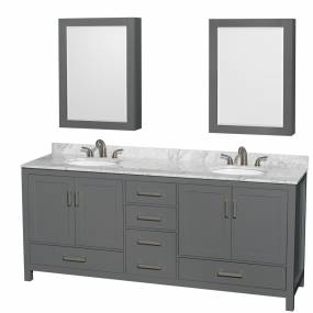 80 inch Double Bathroom Vanity in Dark Gray, White Carrara Marble Countertop, Undermount Oval Sinks, and Medicine Cabinets - Wyndham WCS141480DKGCMUNOMED