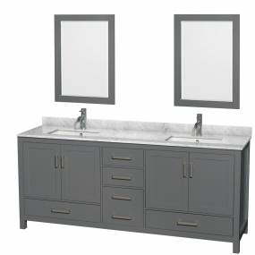 80 inch Double Bathroom Vanity in Dark Gray, White Carrara Marble Countertop, Undermount Square Sinks, and 24 inch Mirrors - Wyndham WCS141480DKGCMUNSM24