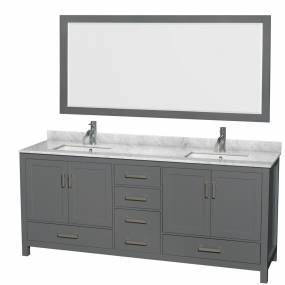 80 inch Double Bathroom Vanity in Dark Gray, White Carrara Marble Countertop, Undermount Square Sinks, and 70 inch Mirror - Wyndham WCS141480DKGCMUNSM70
