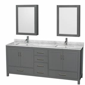 80 inch Double Bathroom Vanity in Dark Gray, White Carrara Marble Countertop, Undermount Square Sinks, and Medicine Cabinets - Wyndham WCS141480DKGCMUNSMED