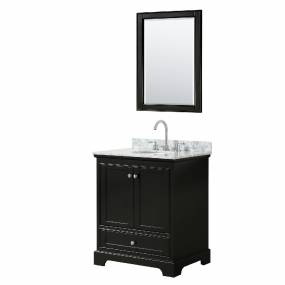 30 Inch Single Bathroom Vanity in Dark Espresso, White Carrara Marble Countertop, Undermount Oval Sink, and 24 Inch Mirror - Wyndham WCS202030SDECMUNOM24