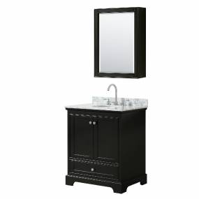 30 Inch Single Bathroom Vanity in Dark Espresso, White Carrara Marble Countertop, Undermount Oval Sink, and Medicine Cabinet - Wyndham WCS202030SDECMUNOMED