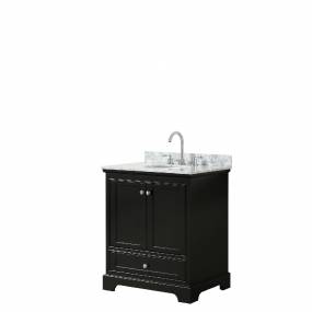 30 Inch Single Bathroom Vanity in Dark Espresso, White Carrara Marble Countertop, Undermount Oval Sink, and No Mirror - Wyndham WCS202030SDECMUNOMXX