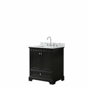 30 Inch Single Bathroom Vanity in Dark Espresso, White Carrara Marble Countertop, Undermount Square Sink, and No Mirror - Wyndham WCS202030SDECMUNSMXX