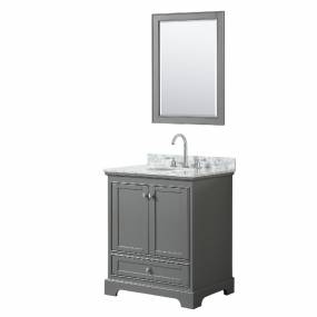 30 Inch Single Bathroom Vanity in Dark Gray, White Carrara Marble Countertop, Undermount Oval Sink, and 24 Inch Mirror - Wyndham WCS202030SKGCMUNOM24