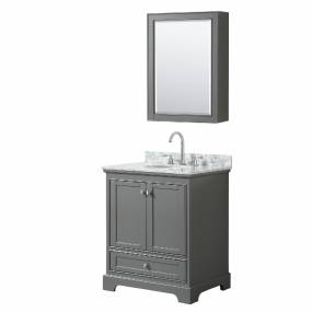 30 Inch Single Bathroom Vanity in Dark Gray, White Carrara Marble Countertop, Undermount Oval Sink, and Medicine Cabinet - Wyndham WCS202030SKGCMUNOMED