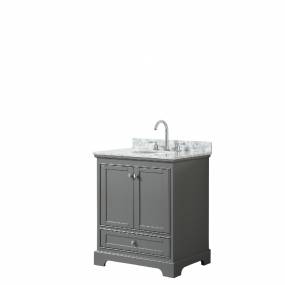 30 Inch Single Bathroom Vanity in Dark Gray, White Carrara Marble Countertop, Undermount Oval Sink, and No Mirror - Wyndham WCS202030SKGCMUNOMXX