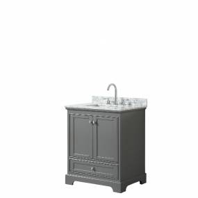 30 Inch Single Bathroom Vanity in Dark Gray, White Carrara Marble Countertop, Undermount Square Sink, and No Mirror - Wyndham WCS202030SKGCMUNSMXX