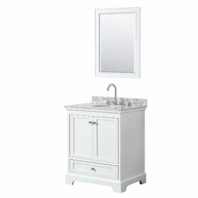 30 Inch Single Bathroom Vanity in White, White Carrara Marble Countertop, Undermount Oval Sink, and 24 Inch Mirror - Wyndham WCS202030SWHCMUNOM24