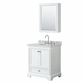 30 Inch Single Bathroom Vanity in White, White Carrara Marble Countertop, Undermount Oval Sink, and Medicine Cabinet - Wyndham WCS202030SWHCMUNOMED