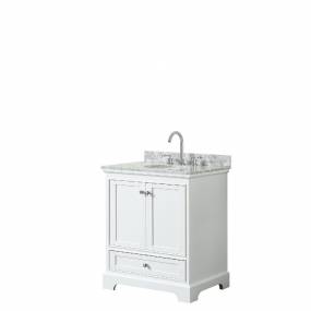 30 Inch Single Bathroom Vanity in White, White Carrara Marble Countertop, Undermount Oval Sink, and No Mirror - Wyndham WCS202030SWHCMUNOMXX