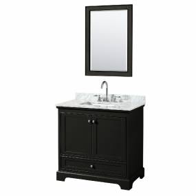 36 Inch Single Bathroom Vanity in Dark Espresso, White Carrara Marble Countertop, Undermount Square Sink, and 24 Inch Mirror - Wyndham WCS202036SDECMUNSM24
