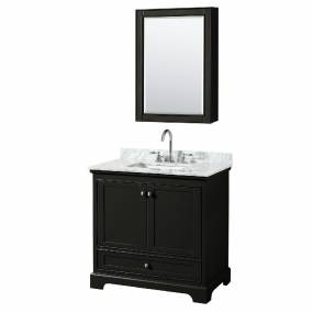 36 Inch Single Bathroom Vanity in Dark Espresso, White Carrara Marble Countertop, Undermount Square Sink, and Medicine Cabinet - Wyndham WCS202036SDECMUNSMED