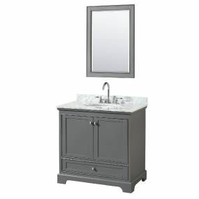36 Inch Single Bathroom Vanity in Dark Gray, White Carrara Marble Countertop, Undermount Oval Sink, and 24 Inch Mirror - Wyndham WCS202036SKGCMUNOM24