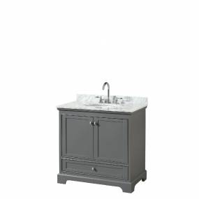 36 Inch Single Bathroom Vanity in Dark Gray, White Carrara Marble Countertop, Undermount Oval Sink, and No Mirror - Wyndham WCS202036SKGCMUNOMXX