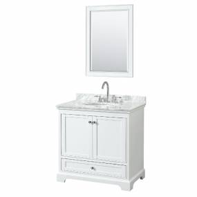 36 Inch Single Bathroom Vanity in White, White Carrara Marble Countertop, Undermount Oval Sink, and 24 Inch Mirror - Wyndham WCS202036SWHCMUNOM24