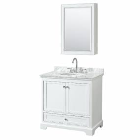 36 Inch Single Bathroom Vanity in White, White Carrara Marble Countertop, Undermount Oval Sink, and Medicine Cabinet - Wyndham WCS202036SWHCMUNOMED