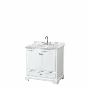 36 Inch Single Bathroom Vanity in White, White Carrara Marble Countertop, Undermount Oval Sink, and No Mirror - Wyndham WCS202036SWHCMUNOMXX