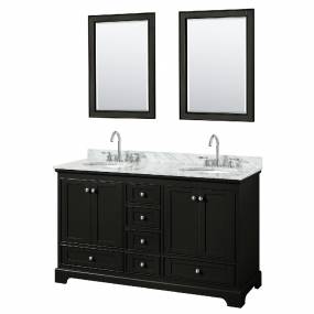 60 Inch Double Bathroom Vanity in Dark Espresso, White Carrara Marble Countertop, Undermount Oval Sinks, and 24 Inch Mirrors - Wyndham WCS202060DDECMUNOM24