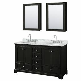 60 Inch Double Bathroom Vanity in Dark Espresso, White Carrara Marble Countertop, Undermount Oval Sinks, and Medicine Cabinets - Wyndham WCS202060DDECMUNOMED