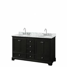 60 Inch Double Bathroom Vanity in Dark Espresso, White Carrara Marble Countertop, Undermount Oval Sinks, and No Mirrors - Wyndham WCS202060DDECMUNOMXX