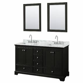 60 Inch Double Bathroom Vanity in Dark Espresso, White Carrara Marble Countertop, Undermount Square Sinks, and 24 Inch Mirrors - Wyndham WCS202060DDECMUNSM24