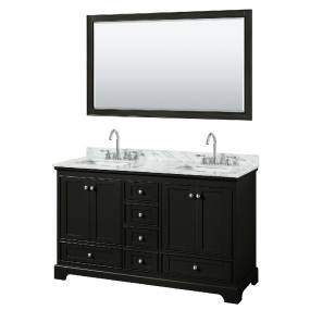 60 Inch Double Bathroom Vanity in Dark Espresso, White Carrara Marble Countertop, Undermount Square Sinks, and 58 Inch Mirror - Wyndham WCS202060DDECMUNSM58