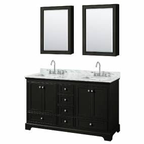 60 Inch Double Bathroom Vanity in Dark Espresso, White Carrara Marble Countertop, Undermount Square Sinks, and Medicine Cabinets - Wyndham WCS202060DDECMUNSMED