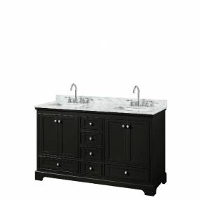 60 Inch Double Bathroom Vanity in Dark Espresso, White Carrara Marble Countertop, Undermount Square Sinks, and No Mirrors - Wyndham WCS202060DDECMUNSMXX