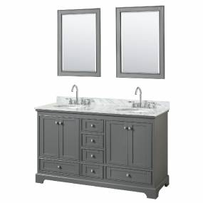 60 Inch Double Bathroom Vanity in Dark Gray, White Carrara Marble Countertop, Undermount Oval Sinks, and 24 Inch Mirrors - Wyndham WCS202060DKGCMUNOM24