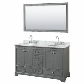 60 Inch Double Bathroom Vanity in Dark Gray, White Carrara Marble Countertop, Undermount Oval Sinks, and 58 Inch Mirror - Wyndham WCS202060DKGCMUNOM58