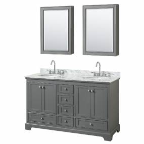 60 Inch Double Bathroom Vanity in Dark Gray, White Carrara Marble Countertop, Undermount Oval Sinks, and Medicine Cabinets - Wyndham WCS202060DKGCMUNOMED