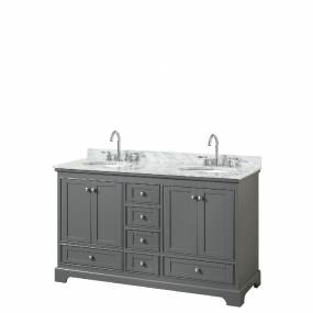 60 Inch Double Bathroom Vanity in Dark Gray, White Carrara Marble Countertop, Undermount Oval Sinks, and No Mirrors - Wyndham WCS202060DKGCMUNOMXX