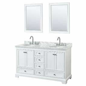 60 Inch Double Bathroom Vanity in White, White Carrara Marble Countertop, Undermount Oval Sinks, and 24 Inch Mirrors - Wyndham WCS202060DWHCMUNOM24